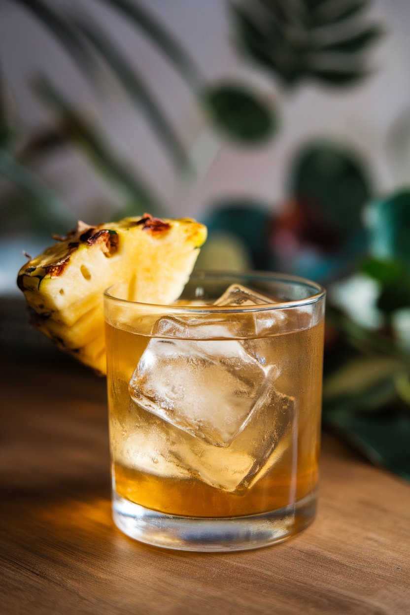 Photo of a rocks glass indoors containing golden drink, large clear ice, charred pineapple wedge as garnish; no text or logos.