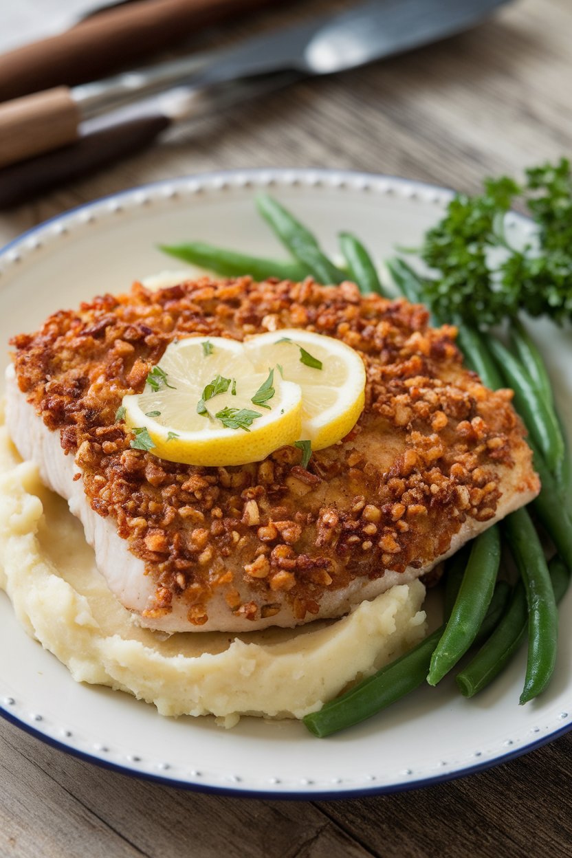 Indoor dinner plate showing a cooked Gulf drum fillet coated in toasted pecan crust, topped with lemon butter. Photo, no text or logos.