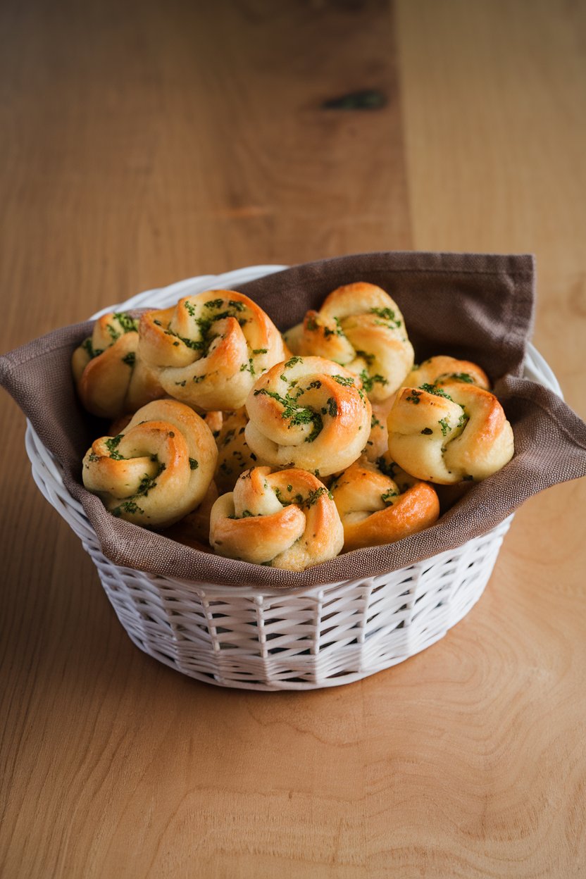 Photo prompt: Indoor basket lined with cloth napkin holding mini garlic knot bites brushed with parsley butter. No logos or text. Photo, not illustration.