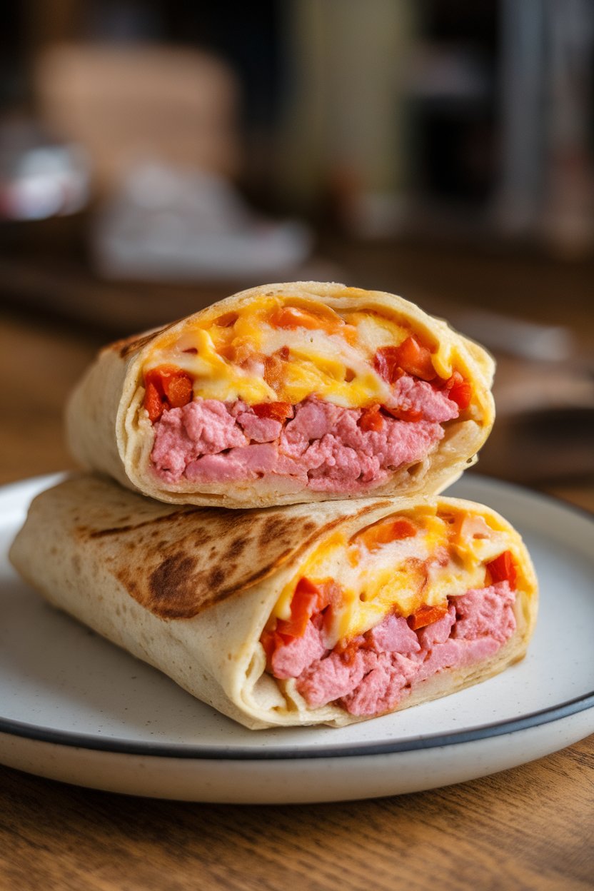 Indoor photo of a sliced breakfast burrito revealing pink scrambled eggs, sautéed peppers, and melted cheese, served on a white plate, no text or logos