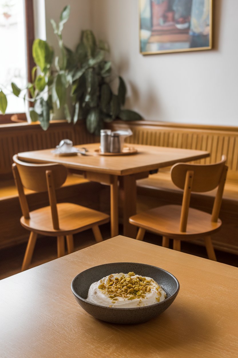 Indoor breakfast nook featuring a bowl of whipped ricotta drizzled with honey and sprinkled with crushed pistachios. No logos or text.