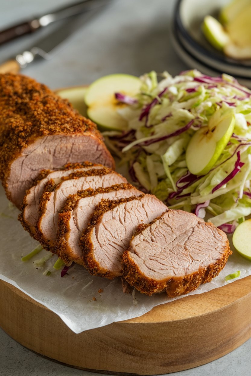 Indoor photo of sliced pork tenderloin with cumin crust arranged beside a crisp apple-cabbage slaw on a serving board. No text or logos.