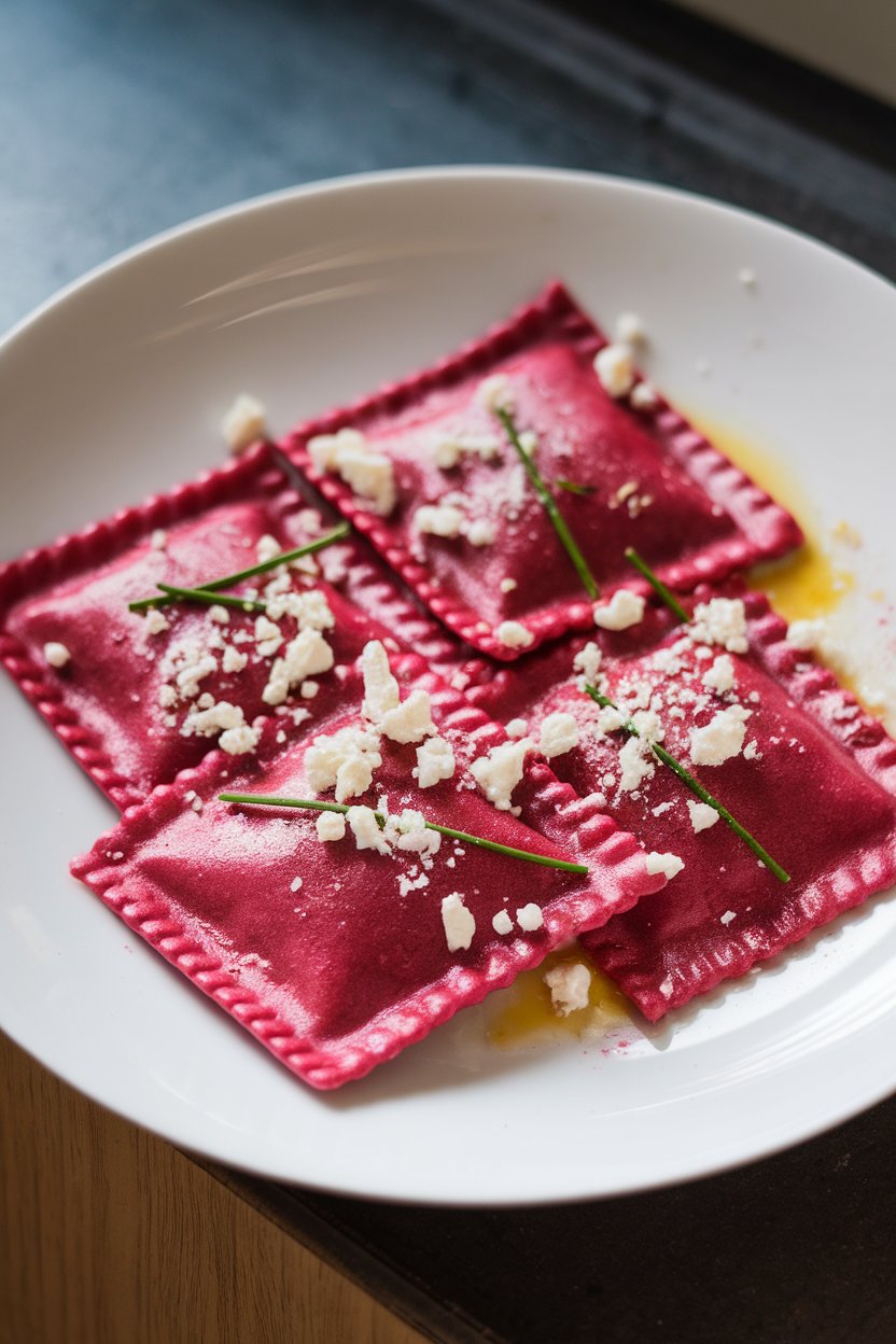 Indoor photo of pink-hued ravioli from beet puree pasta dough, tossed in butter and topped with crumbled goat cheese and chives, no text or logos