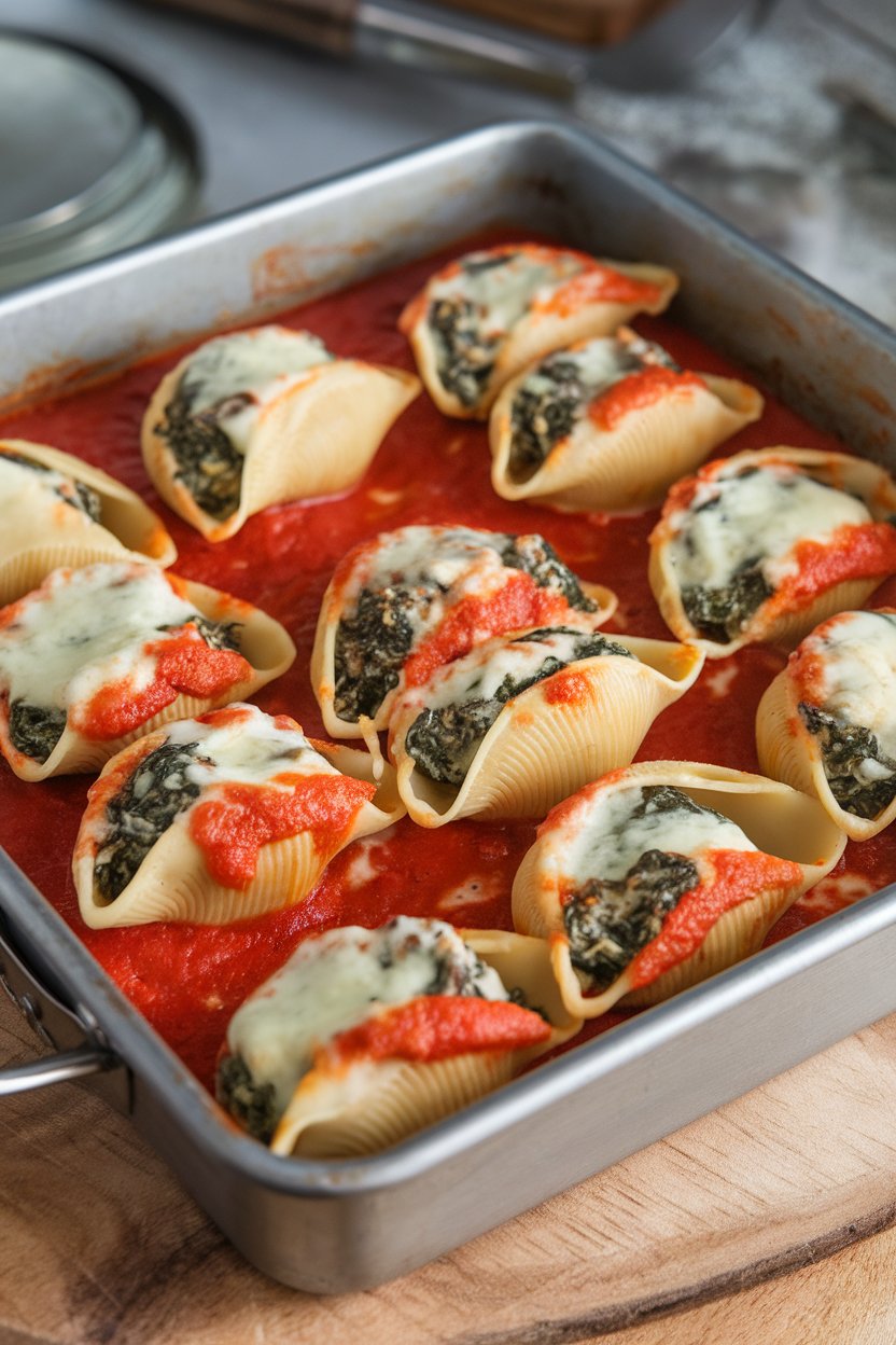 Metal pan indoors with jumbo pasta shells filled with spinach-ricotta mix, baked in marinara, cheese bubbling on top. No logos or text.