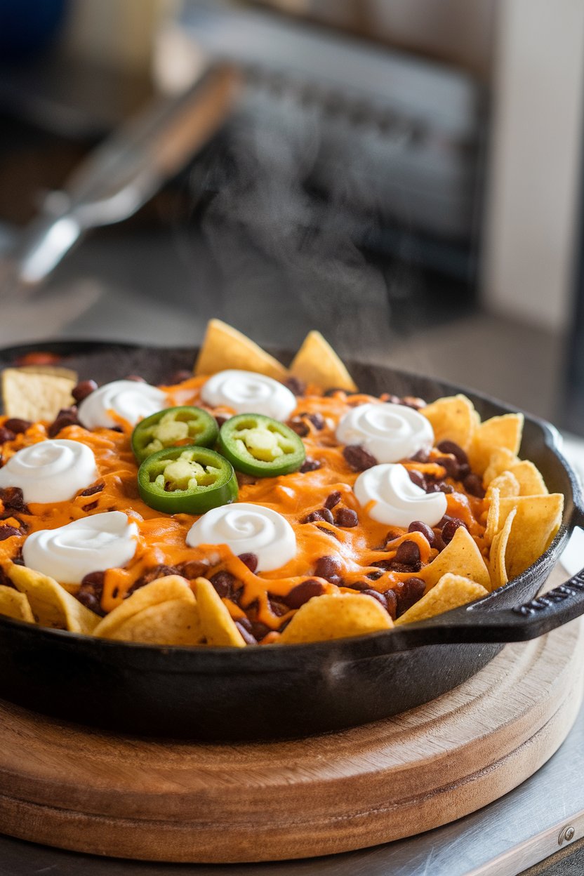 Indoor photo of a cast-iron skillet filled with tortilla chips layered with melted cheddar, jalapeños, black beans, and sour cream swirls. Steam rising gently, no text or logos visible.
