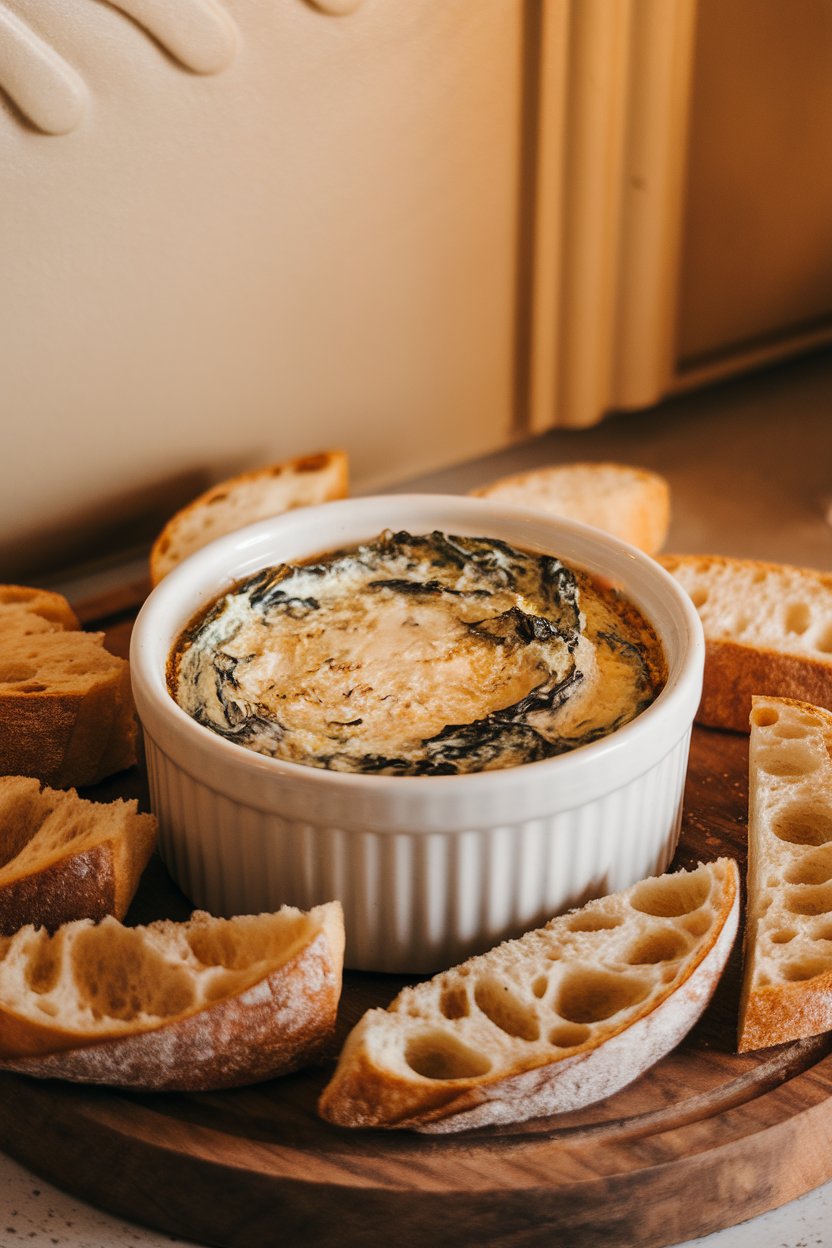 Indoor photo of a bubbling ceramic ramekin filled with creamy spinach-artichoke dip, surrounded by toasted baguette slices. No text or logos in sight.