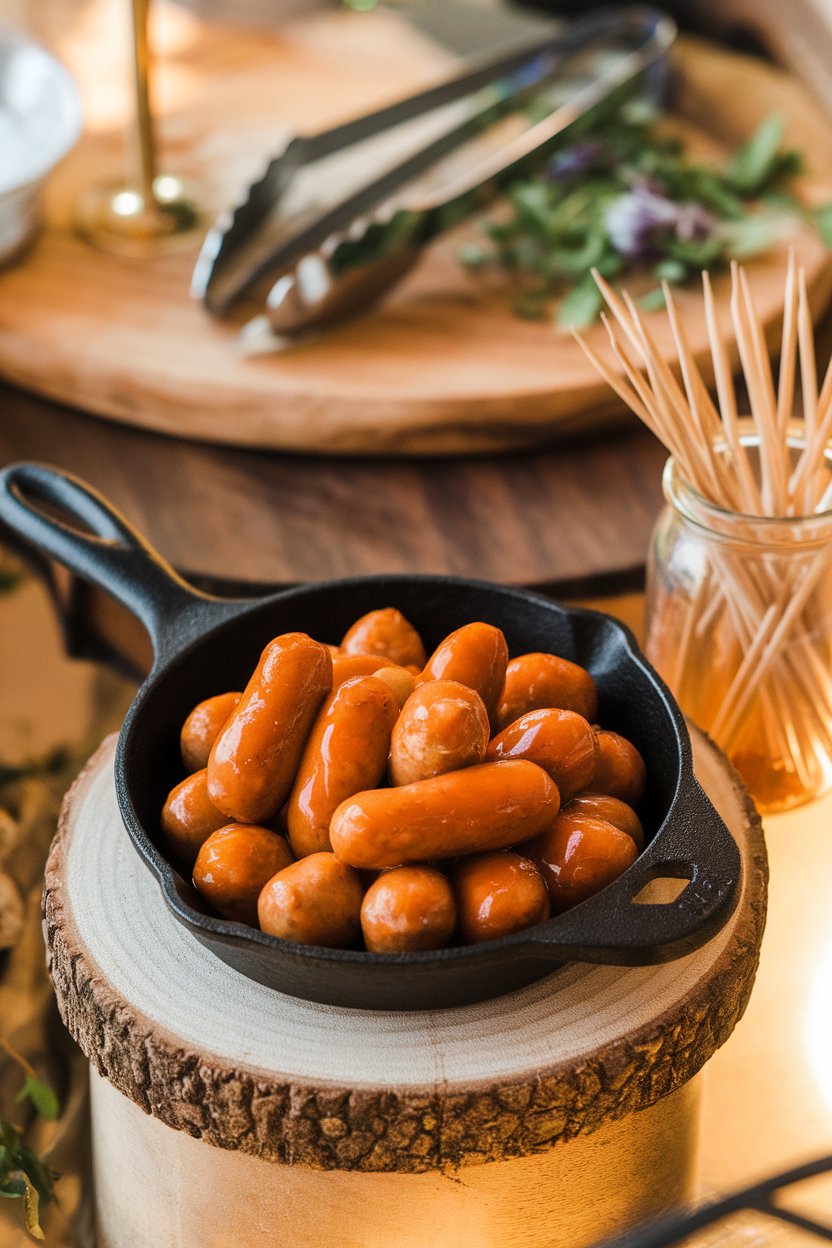 Indoor appetizer station with a small cast-iron skillet of bite-size sausages coated in glossy sweet chili sauce, toothpicks in a jar nearby. No text or logos.
