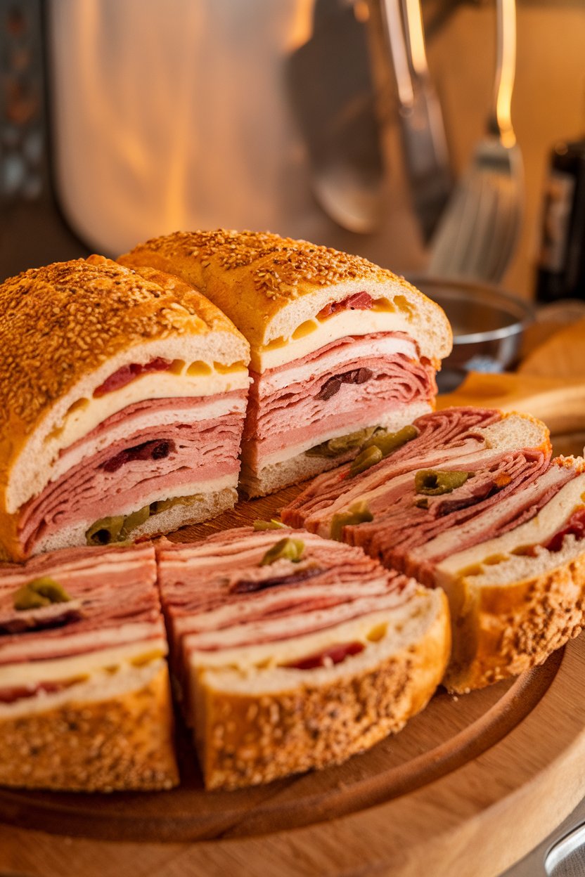 A kitchen island indoors showing a sliced muffuletta—layers of meats, cheese, and olive salad inside a round sesame loaf—cut into wedges. Photo, no text or logos.