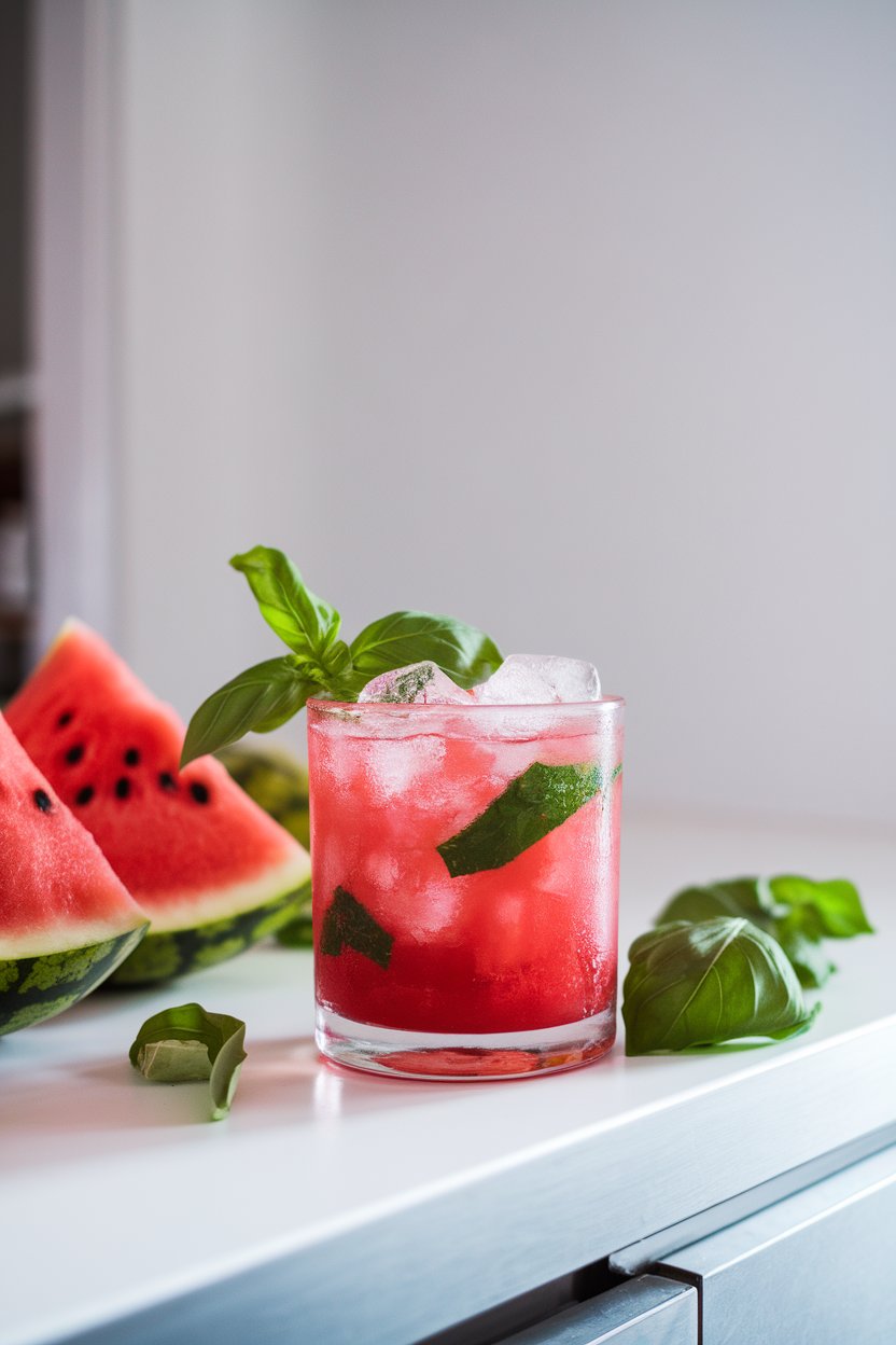 Indoor countertop displaying a rocks glass full of muddled watermelon chunks, basil leaves, and crushed ice, bright pink color. No text or logos.