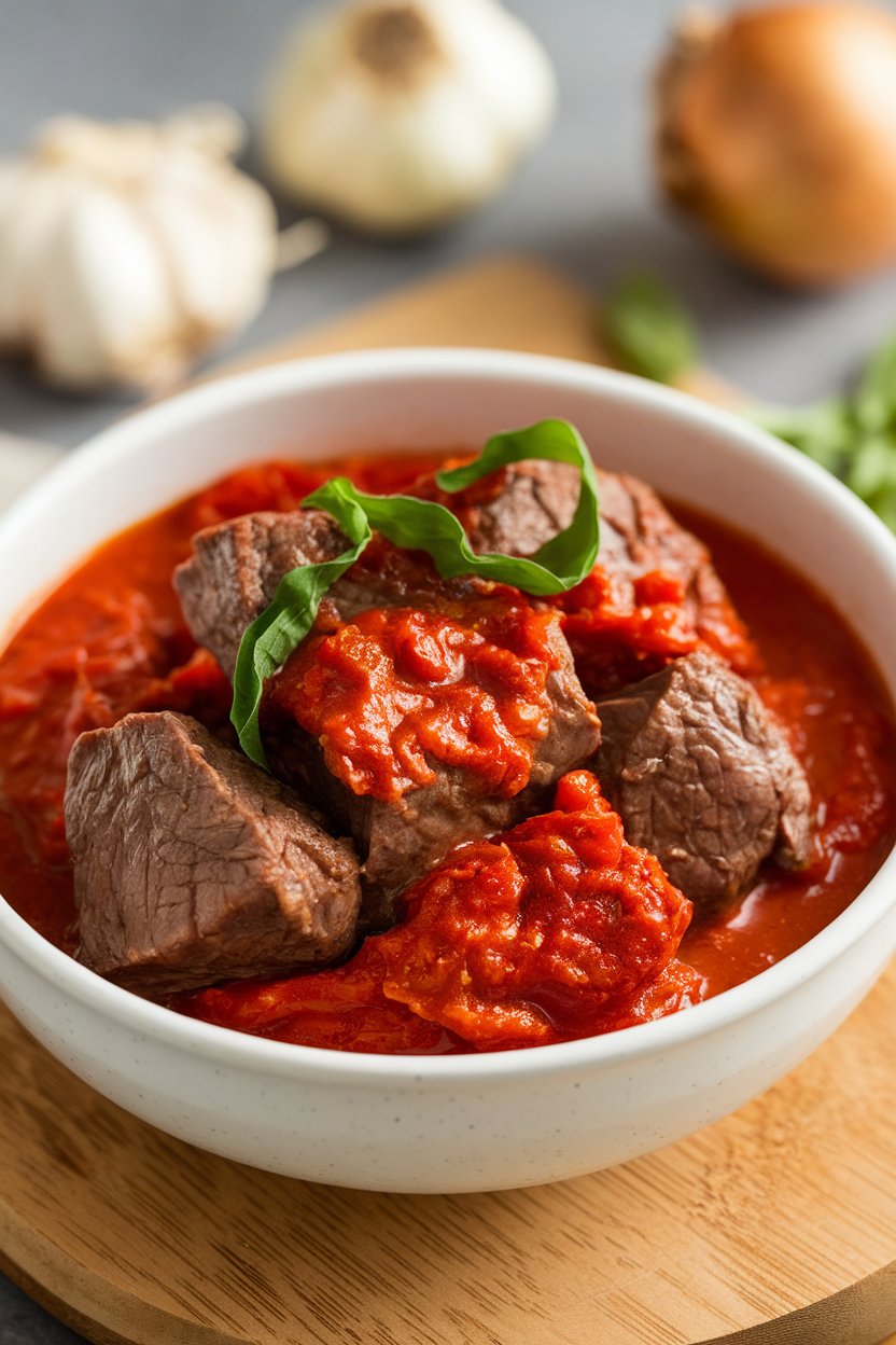 Indoor bowl of beef chunks in bright red sun-dried tomato sauce, basil ribbon garnish. No text or logos.