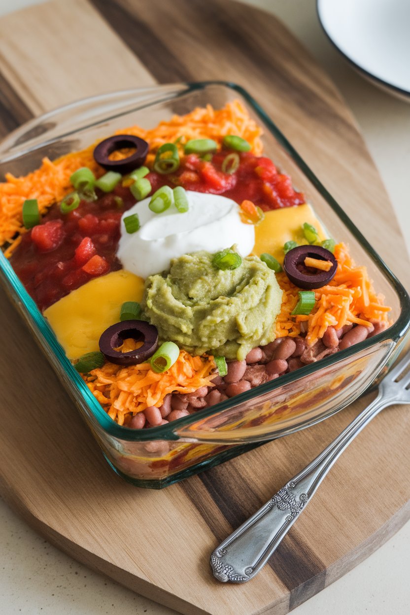 Indoor photo of a glass dish showing colorful layers of refried beans, guacamole, sour cream, salsa, cheese, olives, and green onions. No logos visible.
