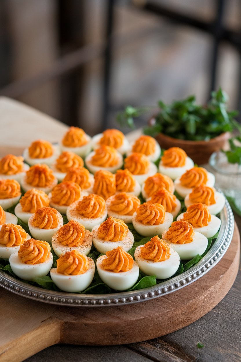 Indoor photo of a deviled-egg platter featuring halves filled with orange-tinted pimento cheese mixture and a sprinkle of paprika; no text or logos