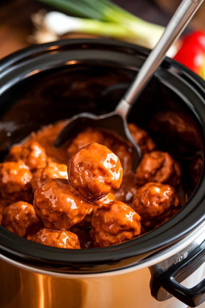 An indoor slow cooker pot filled with glossy sweet and sour meatballs, a ladle resting inside, no text or logos.
