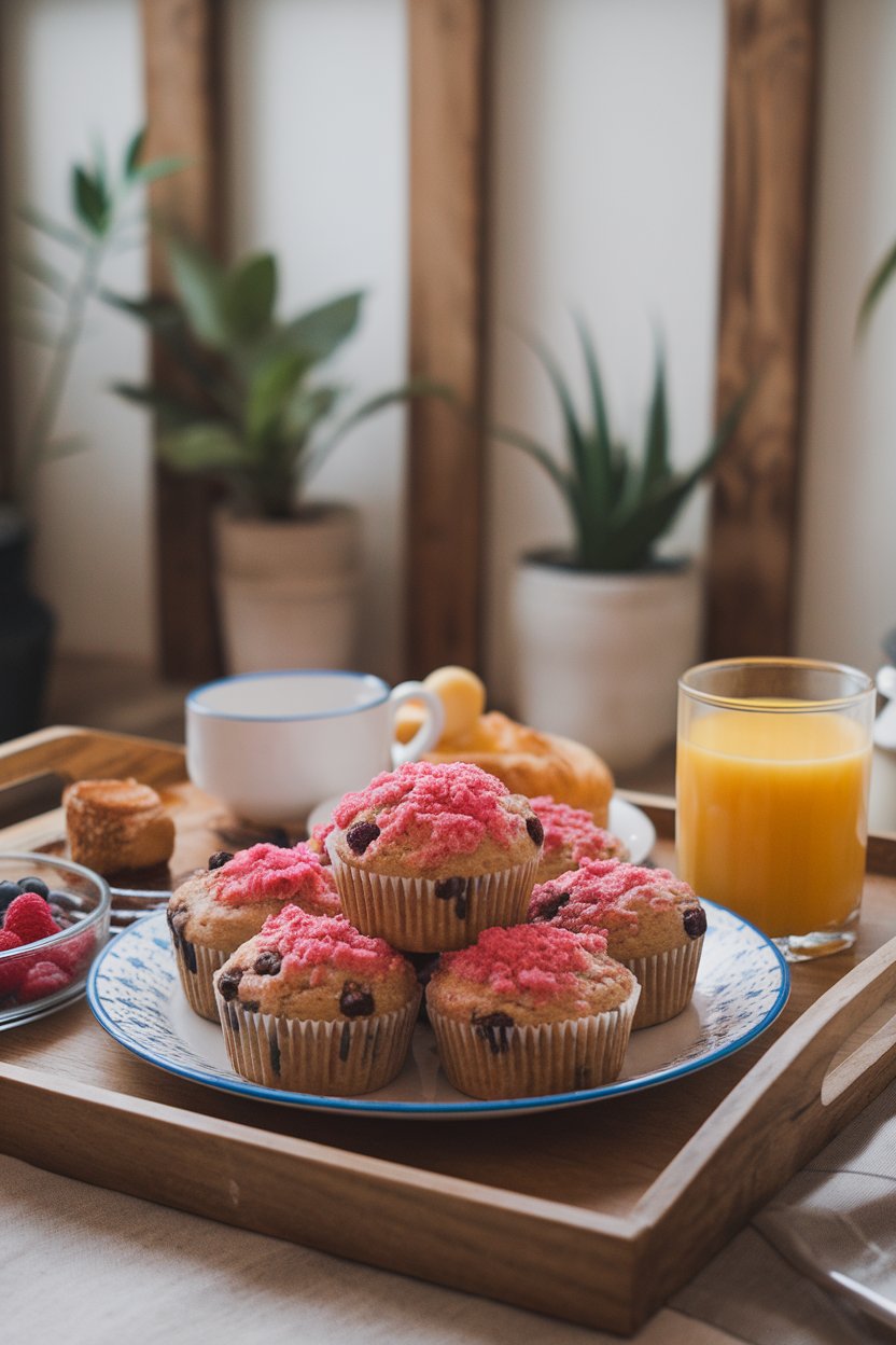 An indoor breakfast spread featuring banana muffins topped with pink cinnamon streusel, chocolate chips visible in crumb. Photo, no text or logos.