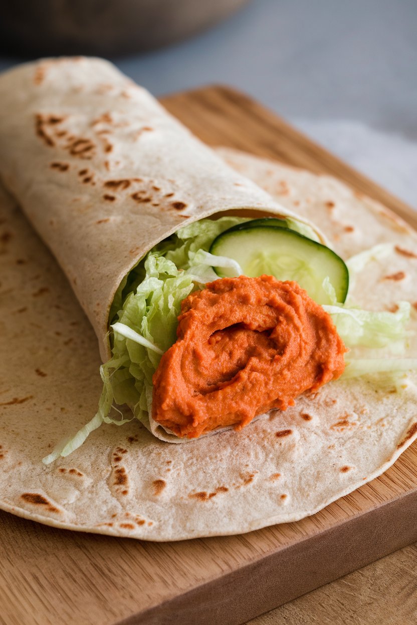 Whole-wheat tortilla on an indoor board rolled around roasted red pepper hummus, sliced cucumbers, and shredded lettuce, cut in half to show filling. No text or logos. Photo only.