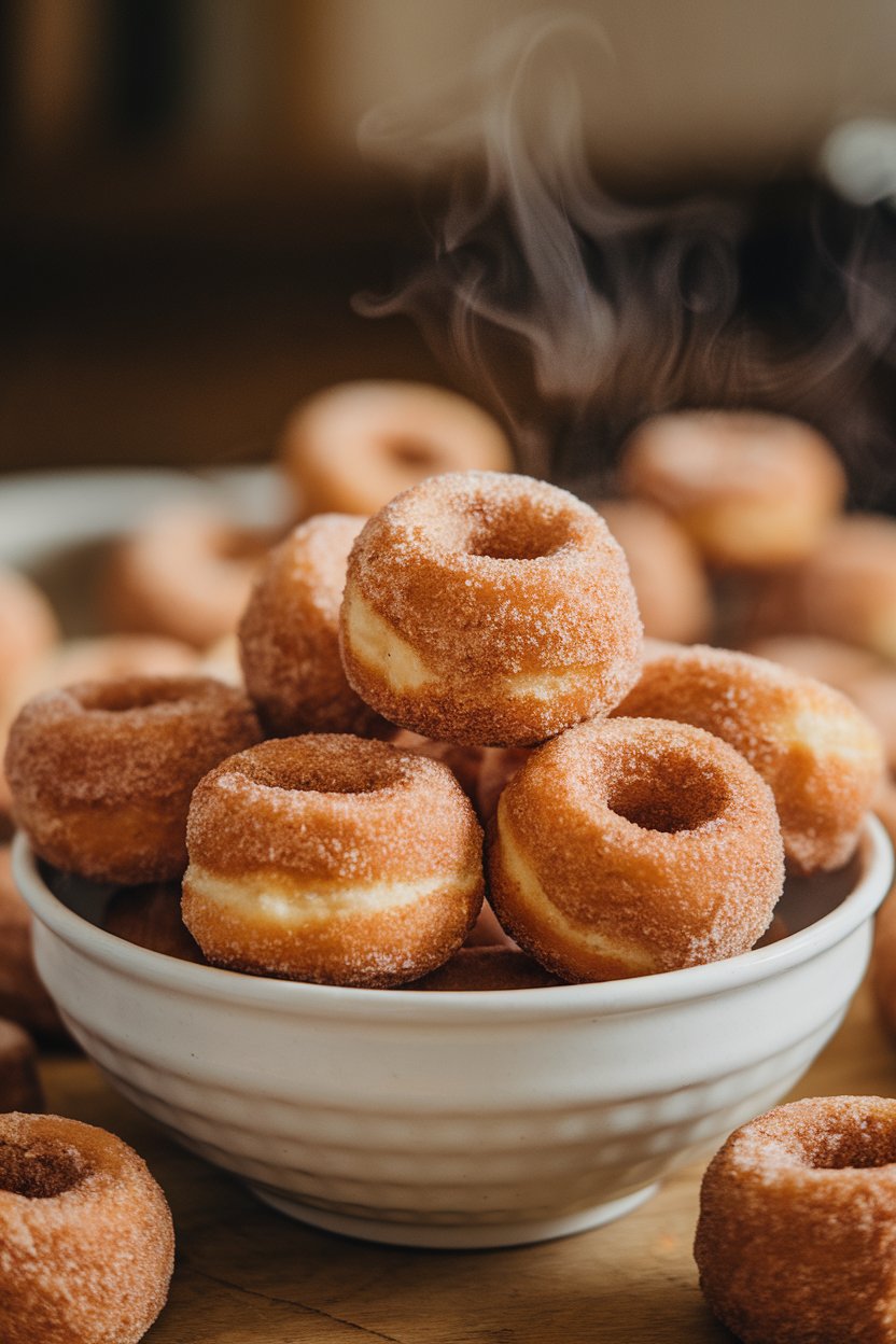 A white bowl indoors piled with cinnamon-sugar apple cider donut holes, steam faintly visible. No text or logos; photo, not illustration.