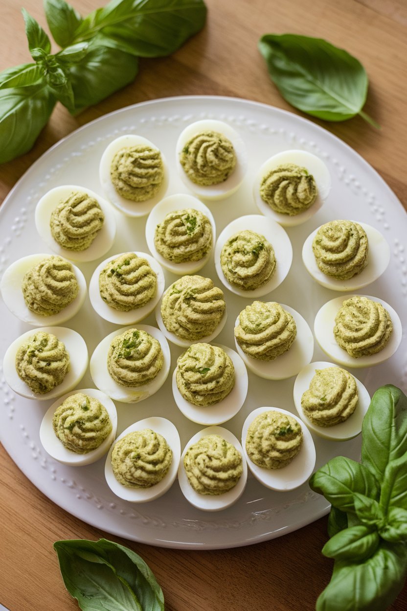 Photo of deviled egg halves tinted light green from basil pesto, set on a white platter indoors. No text or logos.