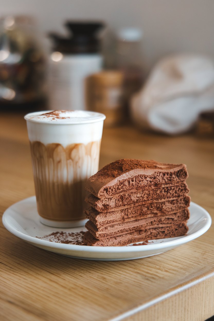 Indoor coffee counter scene showing a mocha-colored pancake slice beside a latte cup, cocoa dust on top of the pancake, no text or logos.