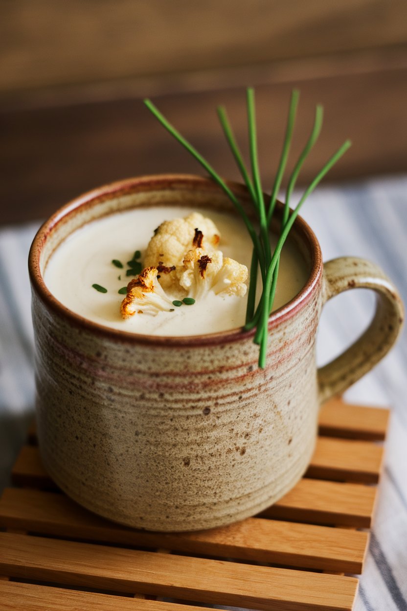 Indoor ceramic mug of smooth white soup topped with chives and a few roasted cauliflower florets. No text or logos.