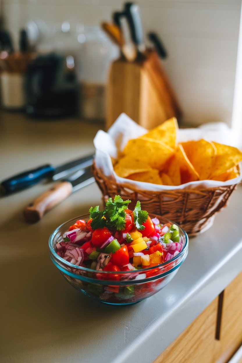 Photo of a bowl of vibrant pico de gallo on an indoor kitchen island, tortilla chips in a basket beside it, no text or logos