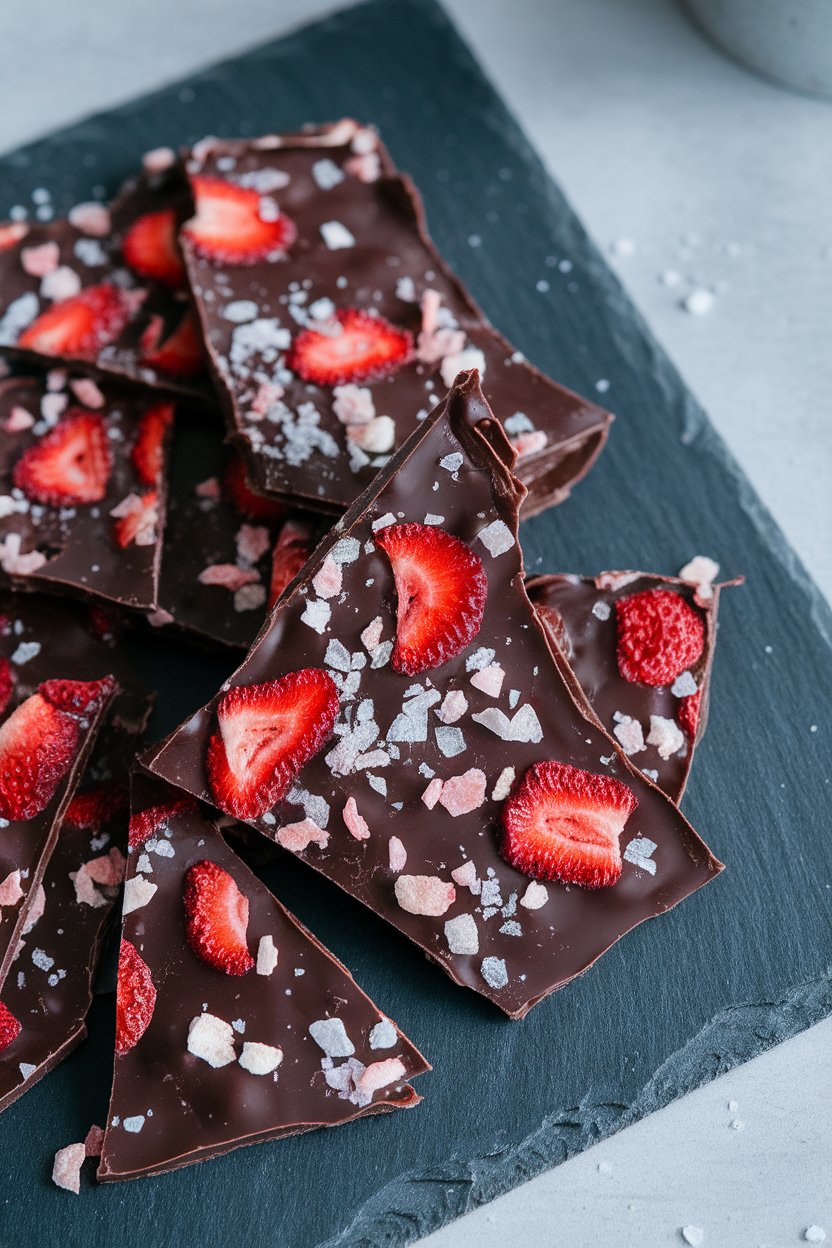 Photo of broken pieces of dark chocolate bark studded with freeze-dried strawberries and flaky salt on an indoor slate board. No text or logos visible.
