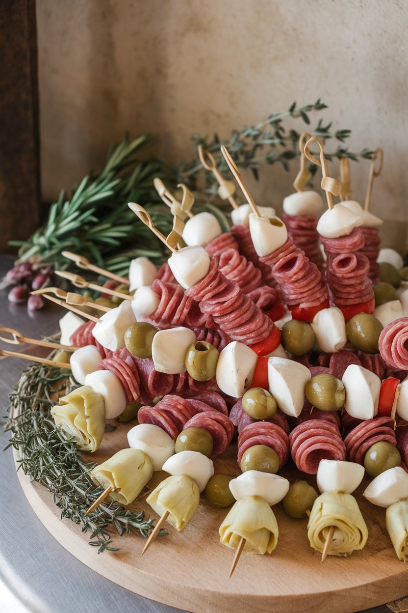 Indoor platter of skewers alternating salami folds, marinated mozzarella, olives, and artichoke hearts. No text or logos.