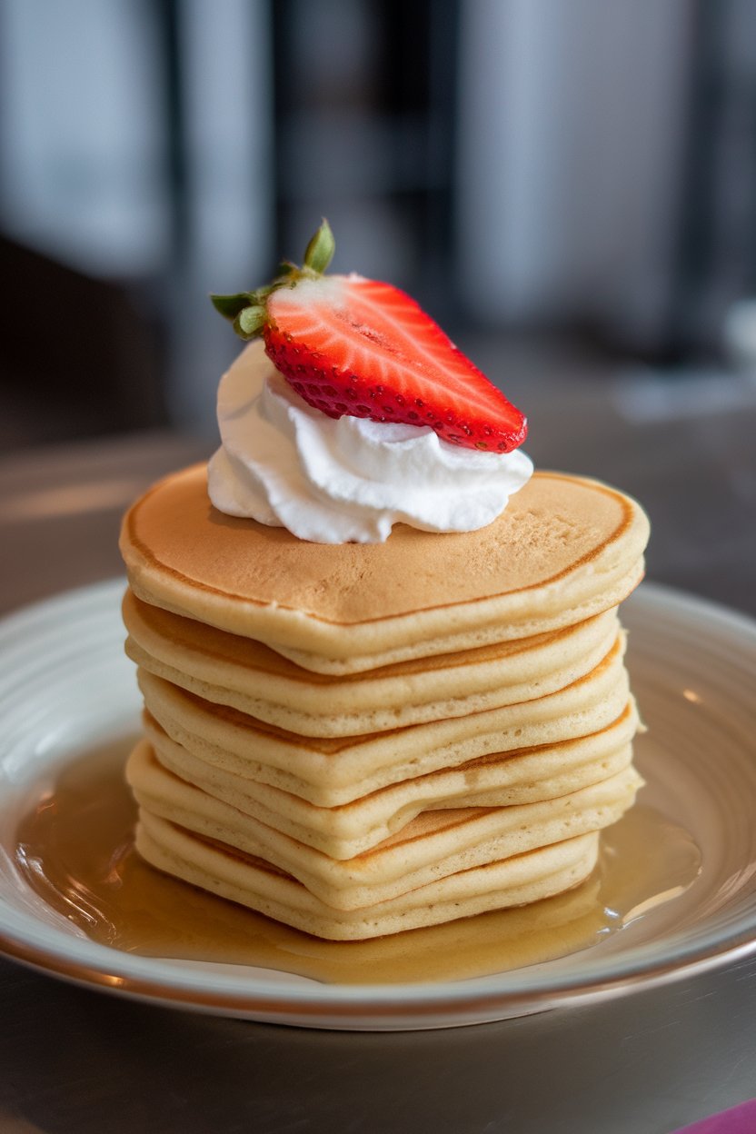A stack of tiny heart-shaped pancakes topped with whipped cream and a strawberry slice, photographed on an indoor breakfast plate. No visible text or logos.