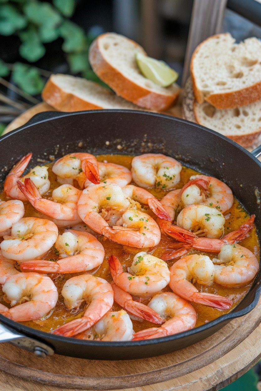 Indoor skillet filled with cooked shell-on shrimp swimming in buttery pepper sauce, bread slices nearby for dipping. Photo, no text or logos.