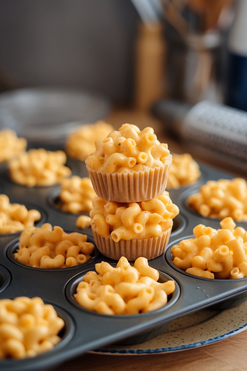 Indoor muffin pan filled with golden mac and cheese bites, some removed and stacked on a plate, no text or logos. Photo only.