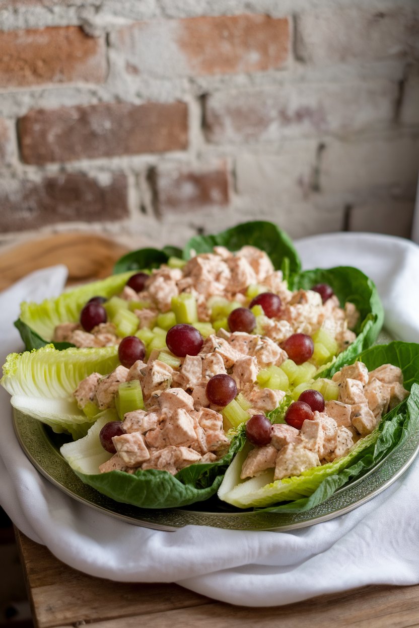 A platter of crisp romaine leaves filled with creamy chicken salad, diced celery, and grapes, captured indoors under soft natural light. No text or logos present; photo only.