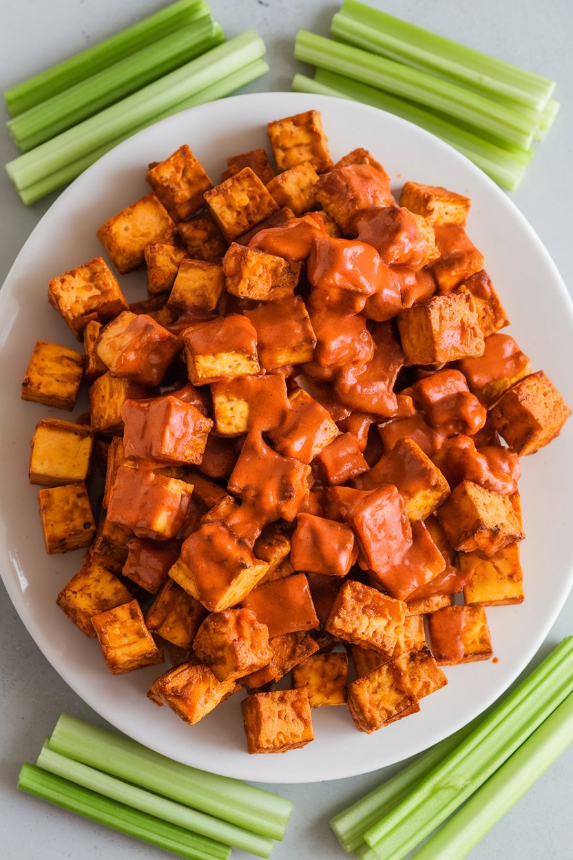 Indoor white platter piled with crispy baked tofu cubes coated in buffalo sauce, celery sticks alongside, no text or logos. Photo only.