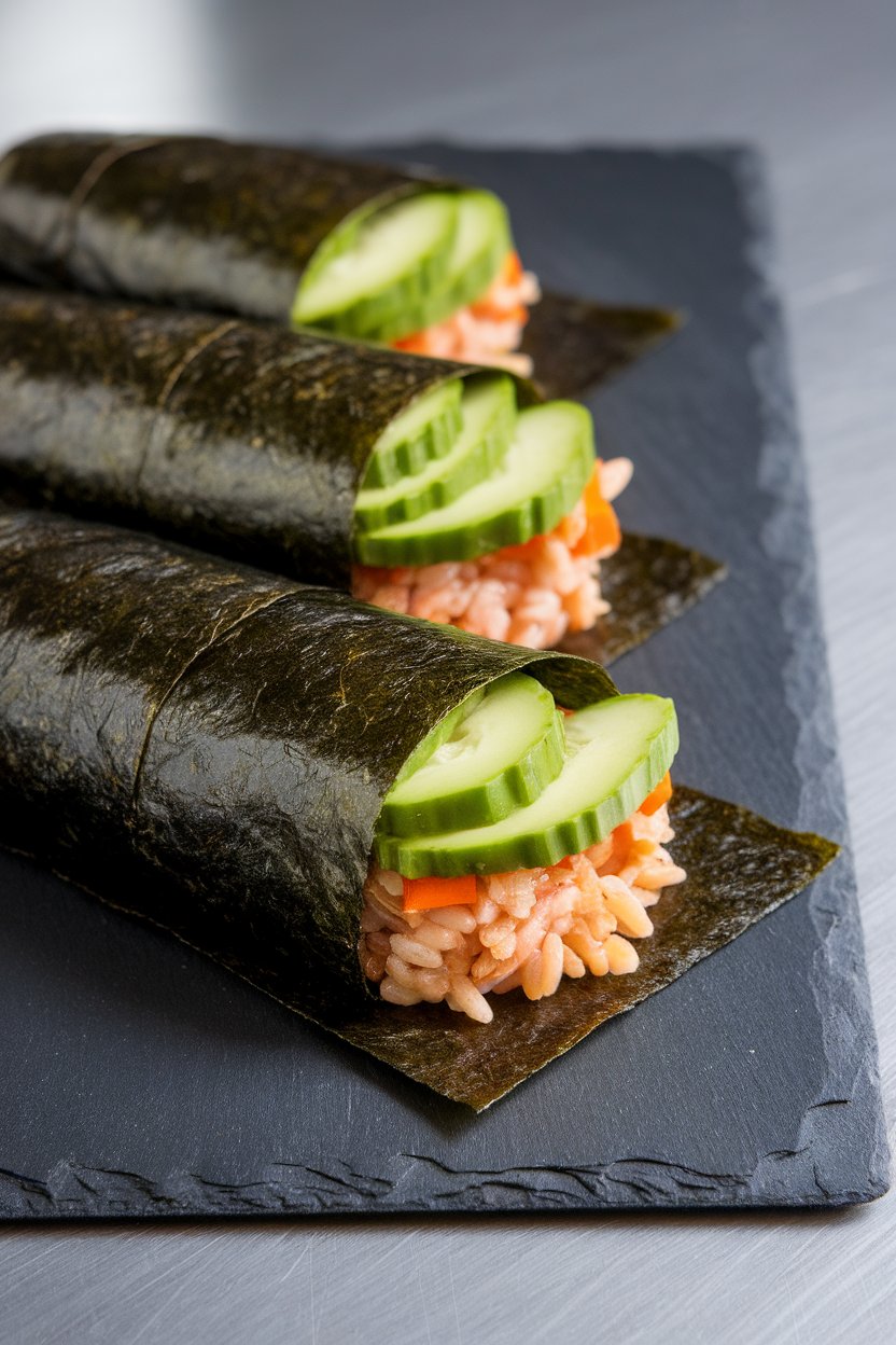 Indoor photo of nori sheets partially rolled around brown rice, avocado, cucumber, and carrot, displayed on a slate board. No logos or text.