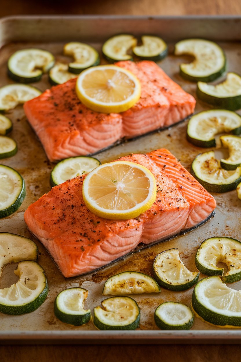 Indoor photo of cooked salmon fillets with lemon slices and roasted zucchini ribbons on a sheet pan. No text or logos.