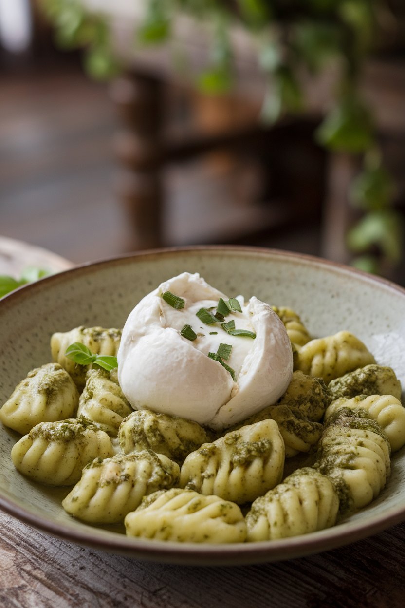 Indoor photo of pillowy gnocchi coated in green basil pesto, topped with a torn burrata ball oozing cream, set in a shallow bowl, no text or logos