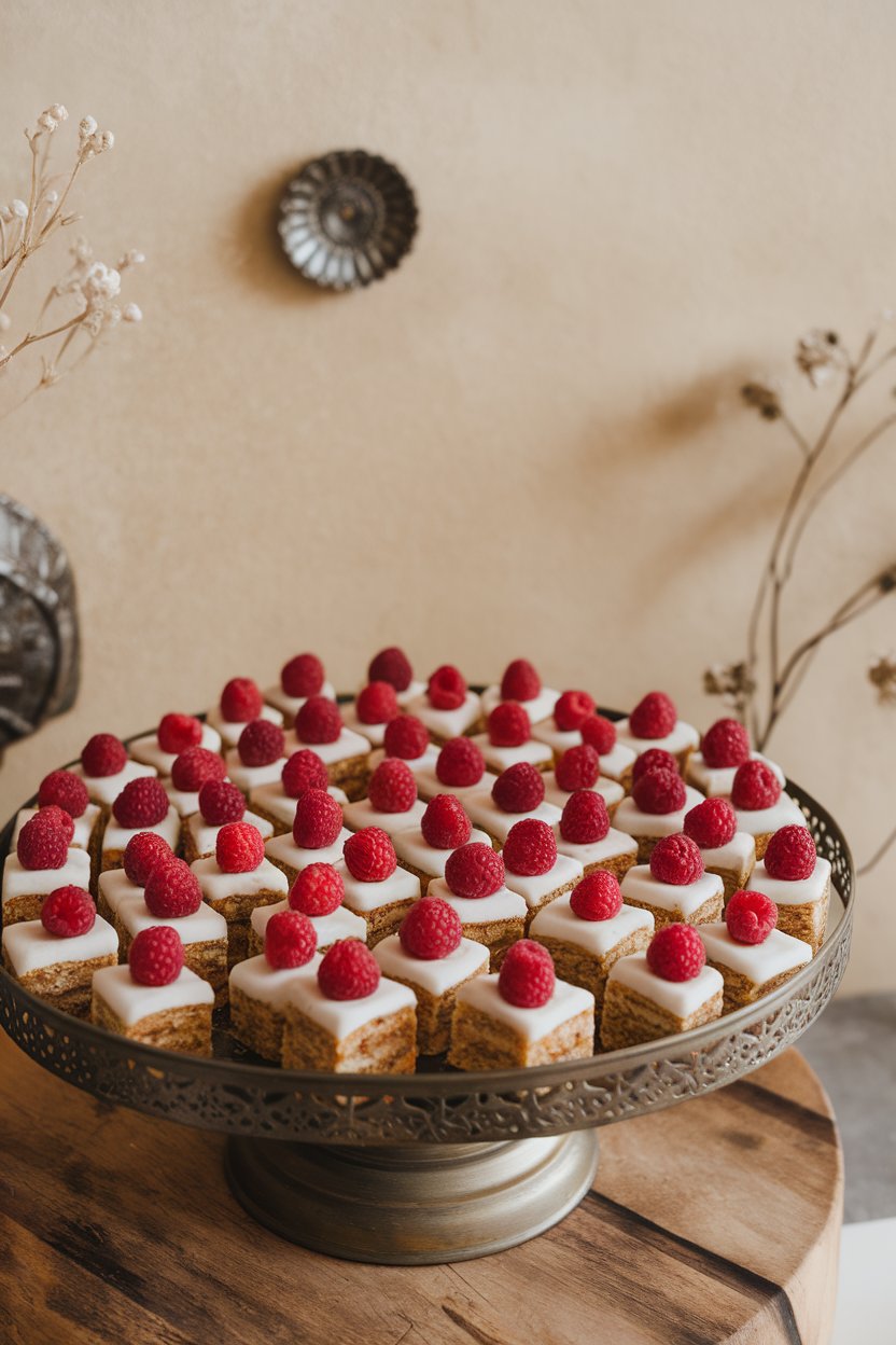 An indoor pastry tray with small rectangular almond cakes each topped with a single raspberry. Photo, no text or logos.