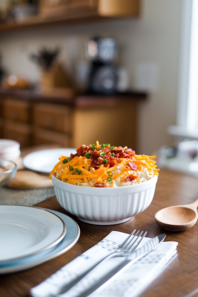 Indoor kitchen table featuring a bowl of loaded baked potato dip topped with shredded cheddar, bacon bits, and chives. No logos or text.