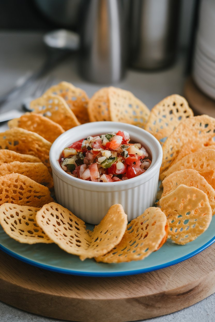 An indoor snack plate featuring lacy baked parmesan crisps beside a ramekin of chunky salsa; soft kitchen lighting, no text or logos.