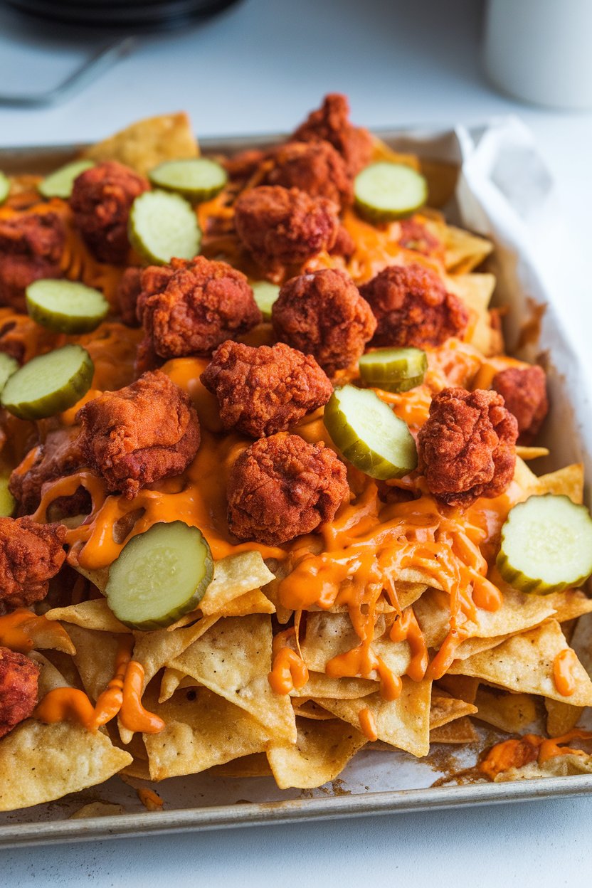 Sheet pan indoors with nachos topped by spicy fried chicken bites, melted cheddar, and pickles; no text or logos, photo not illustration.