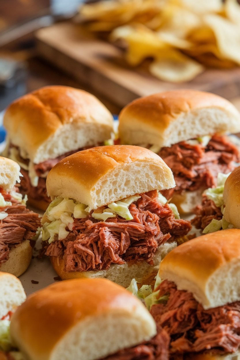 Indoor photo showing mini brioche buns stuffed with saucy pulled pork and a bit of coleslaw, arranged neatly on a platter; soft warm light, no text or logos.