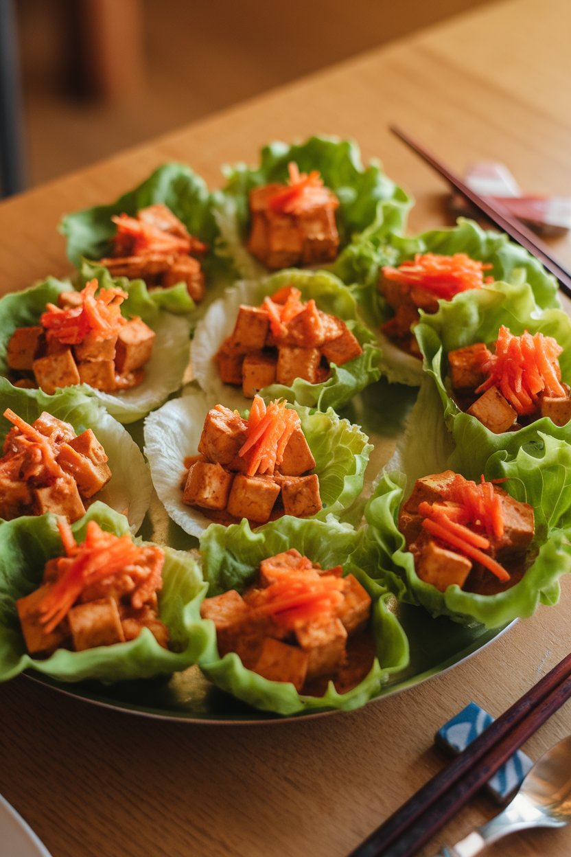 Lettuce cups arranged on an indoor platter, each filled with diced tofu in a spicy peanut sauce topped with grated carrots. No text or logos. Photo only.