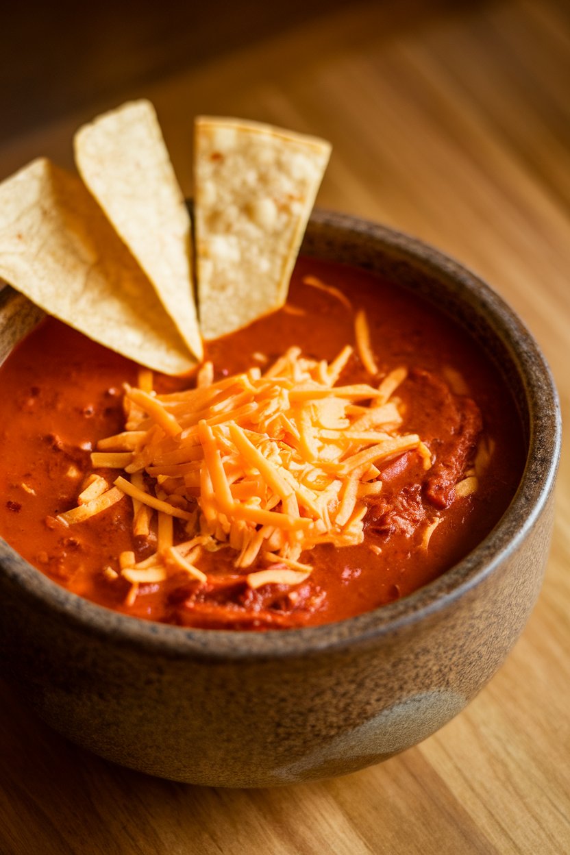 Indoor photo of a red enchilada soup topped with shredded cheese and tortilla strips, served in a stoneware bowl; no text or logos.