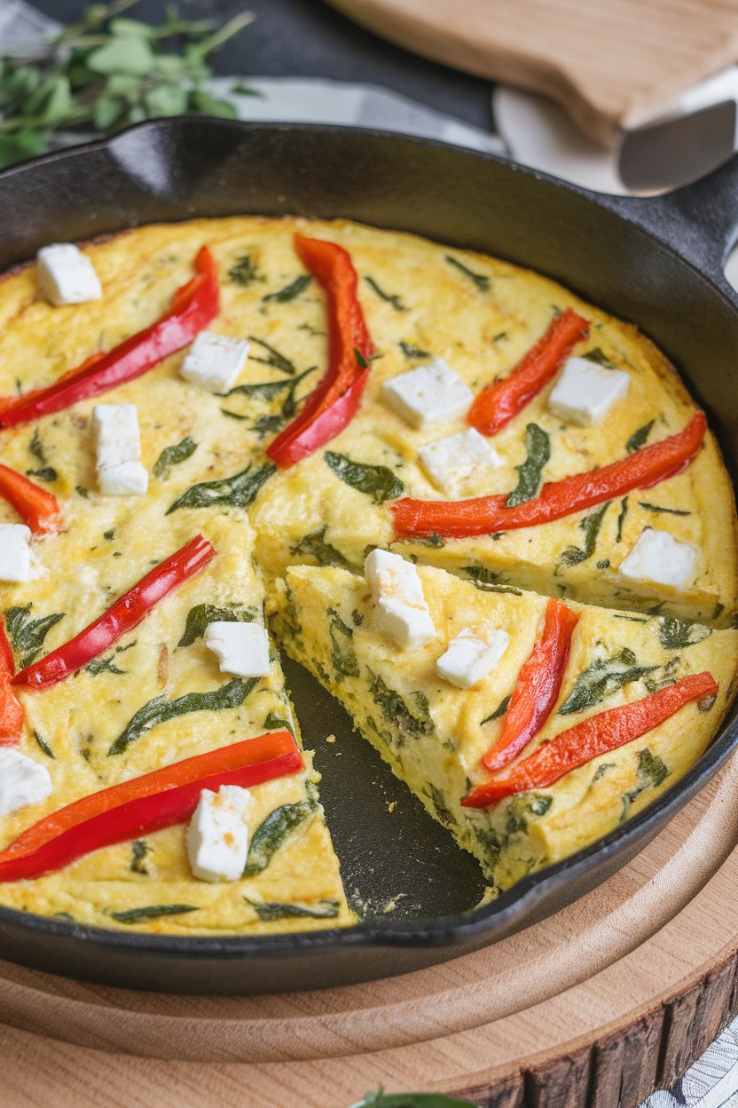 Indoor photo of a skillet frittata speckled with red pepper strips and feta chunks, sliced and ready to serve, no text or logos