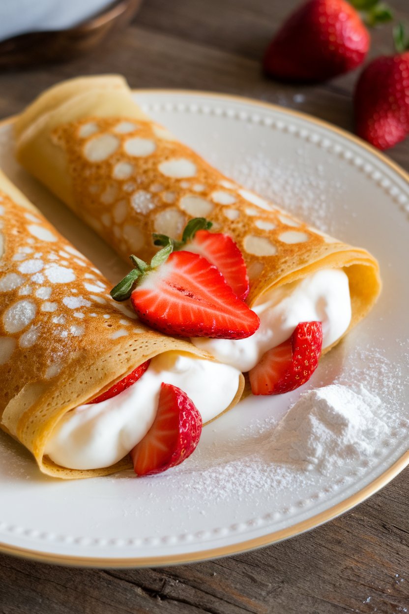 An indoor breakfast plate showing rolled almond flour crepes filled with vanilla yogurt and sliced strawberries, cut at an angle. No text or logos. Photo, not illustration.