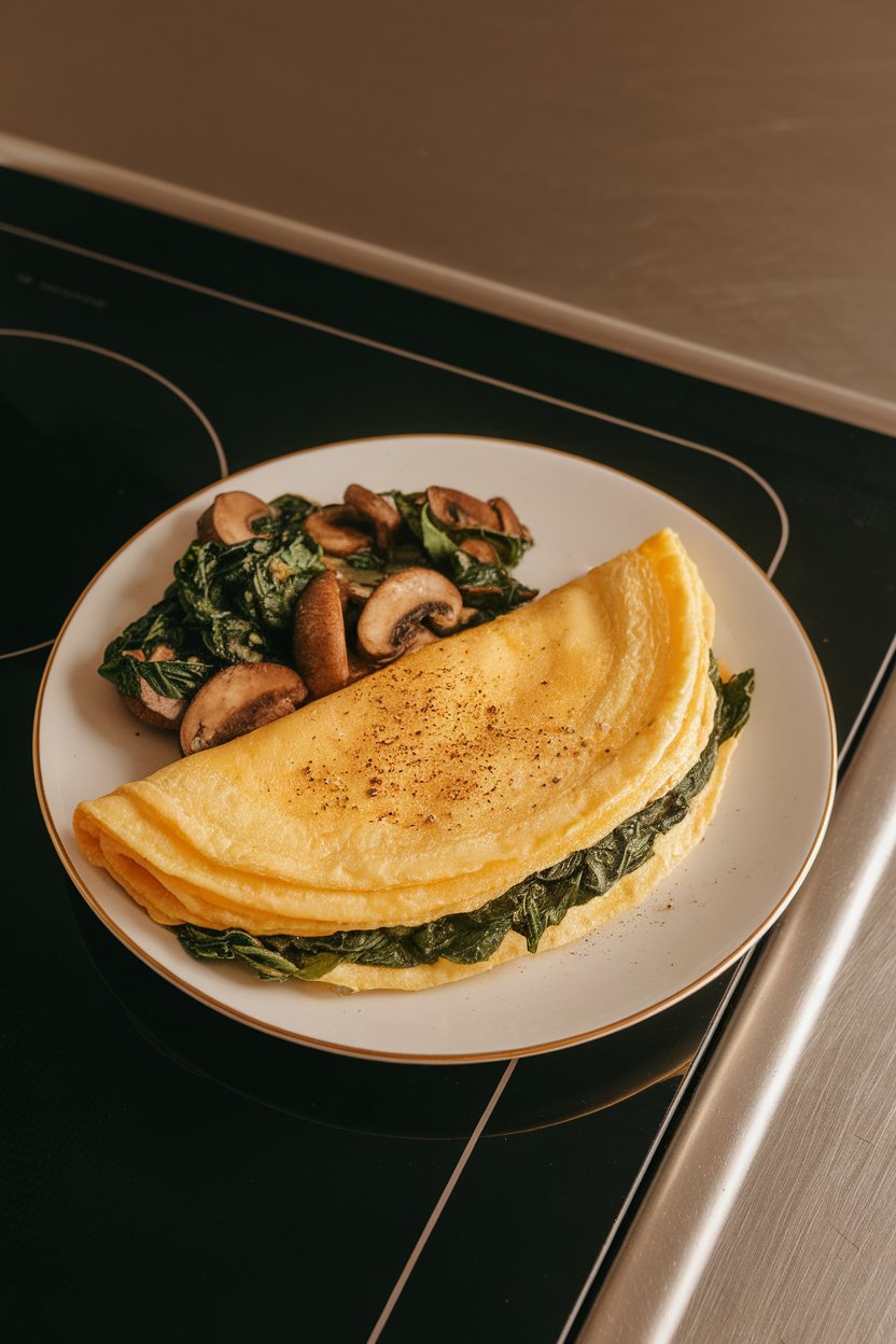 An indoor stovetop scene featuring a folded egg-white omelet spilling sautéed spinach and mushrooms onto a small plate. Warm overhead lighting, no visible text or logos.