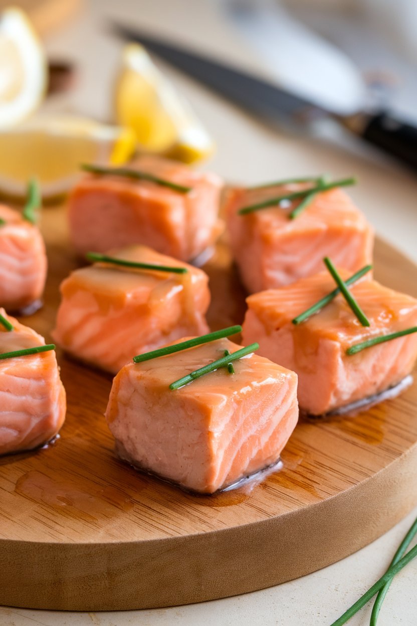 Indoor board with bite-size cooked salmon cubes brushed with maple glaze, chives sprinkled, no text or logos