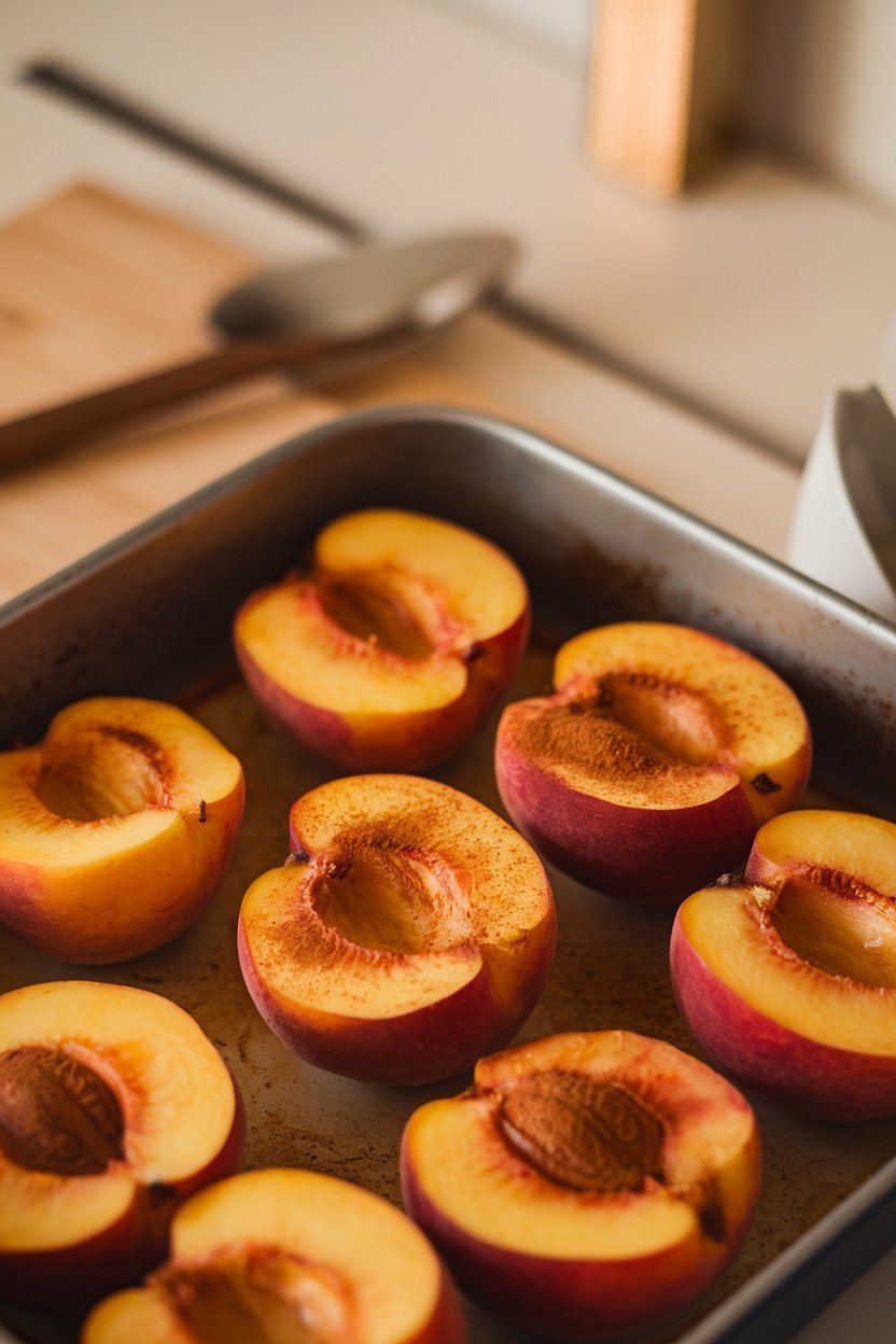Indoor photo of halved peaches baked until bubbling, cinnamon sprinkled on top, resting in a baking dish. No text or logos.