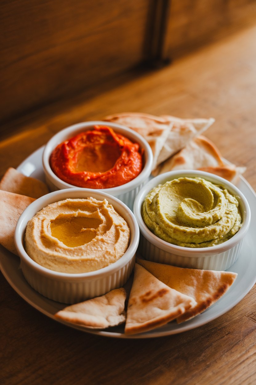 Indoor photo of three small bowls of classic, roasted red pepper, and avocado hummus on a platter with pita triangles. No text or logos.