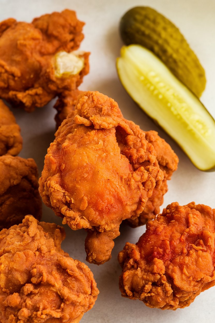 Indoor photo of bite-size fried chicken pieces brushed with vibrant red Nashville hot oil, pickles on the side, no text or logos.