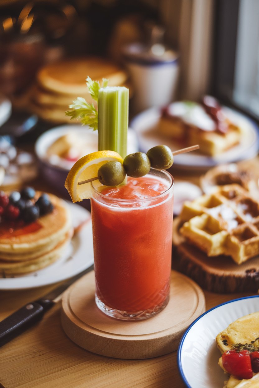 Indoor brunch bar showcasing a tall glass of tomato-based mocktail, celery stick, olives and lemon wedge skewered. No text or logos.