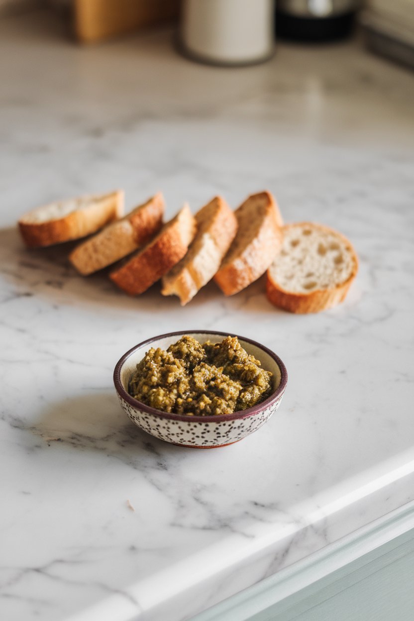 Indoor marble countertop with a small dish of coarse olive tapenade, crostini fanned out nearby. No text or logos.